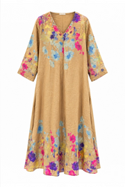 V Yaka Desenli Ham Keten Elbise Rs01638 Camel