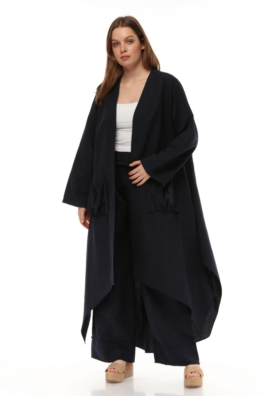 0170 Uzun Keten Kaftan Lacivert