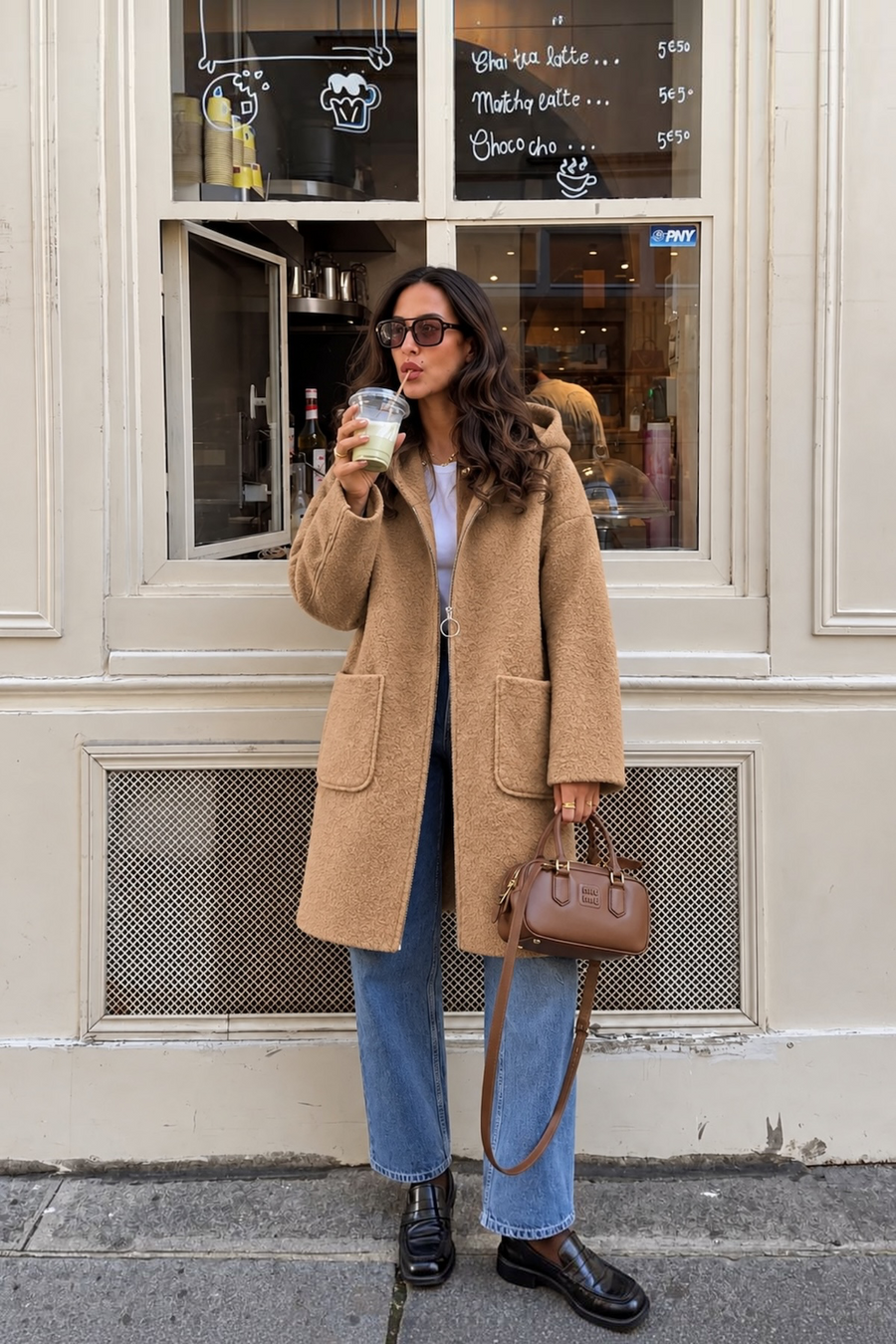 Önden Cepli Kapüşonlu Buklet Kaban | RS0095 Camel