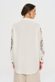 Oversize Nakışlı Keten Gömlek-RS34760