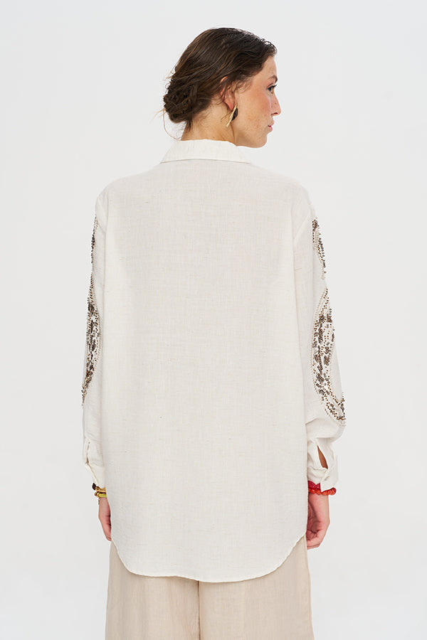 Oversize Nakışlı Keten Gömlek-RS34760