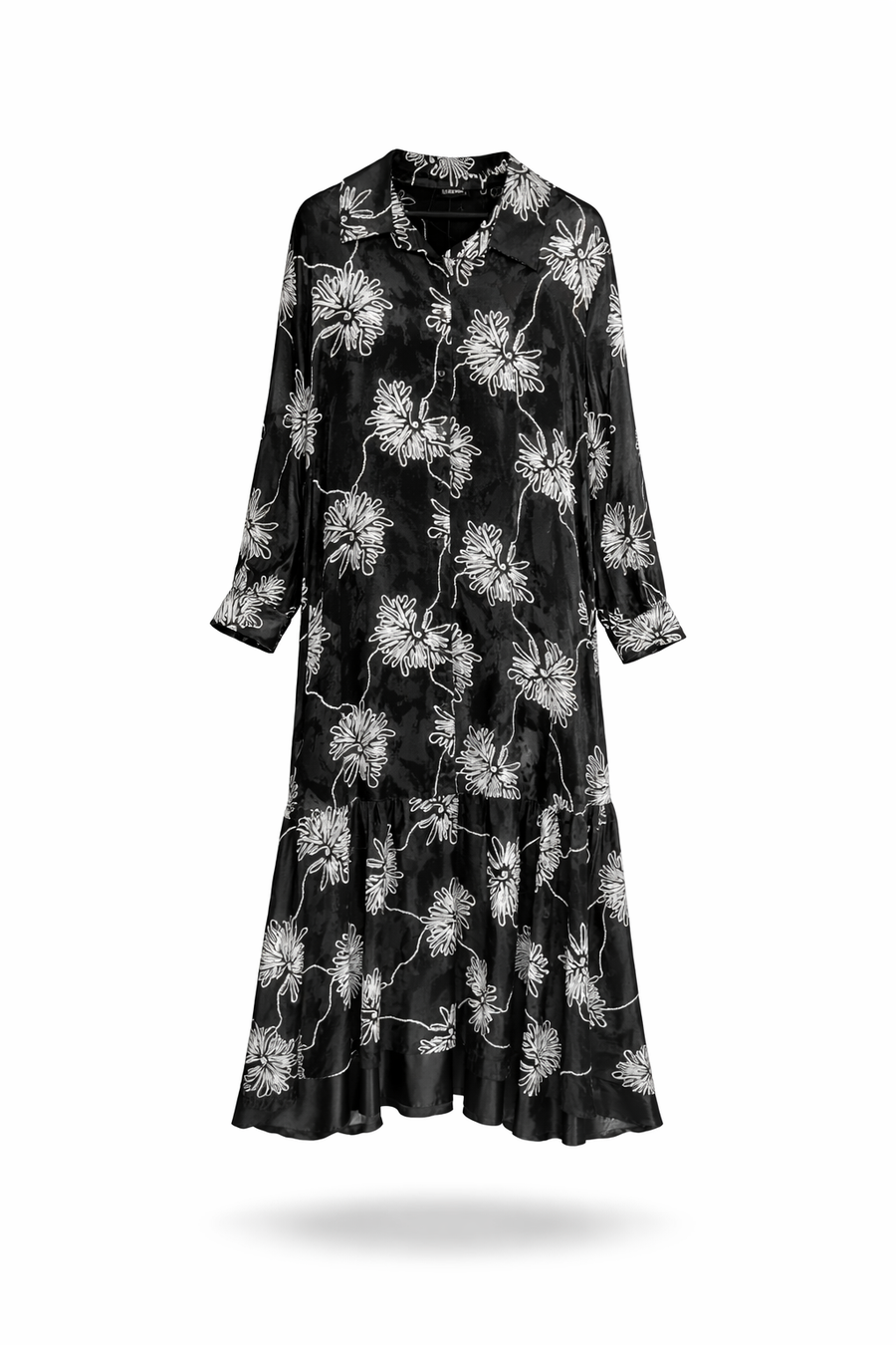 Çiçek Desenli Siyah Jakarlı Elbise