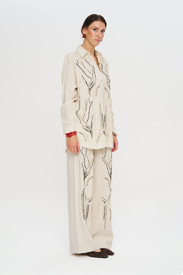 Oversize Nakışlı Keten Gömlek-RS34660