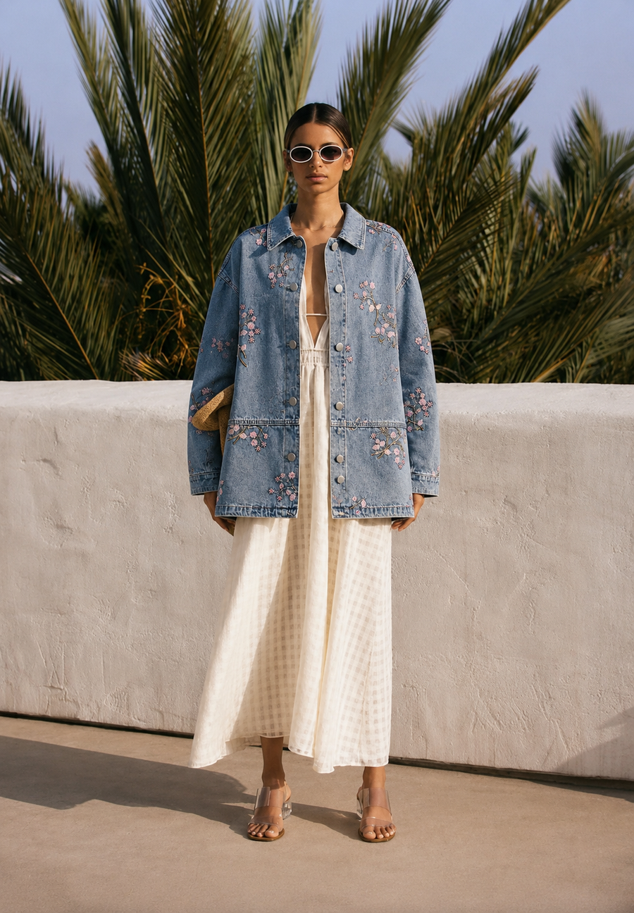 Pembe Çiçek İşleme Denim Ceket