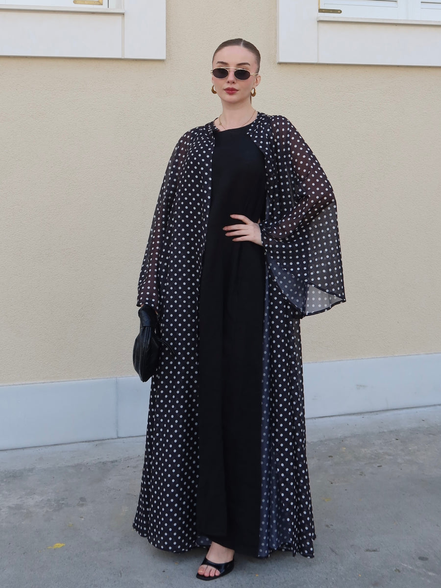 Bohem Paisley Uzun Kimono Siyah Puantiye