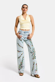 Straight Fit Çiçek Nakışlı Özel Tasarım Denim Jean