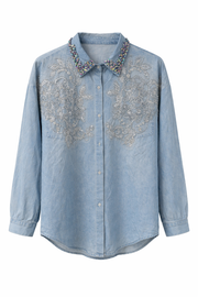 Denim İşlemeli Kot Gömlek