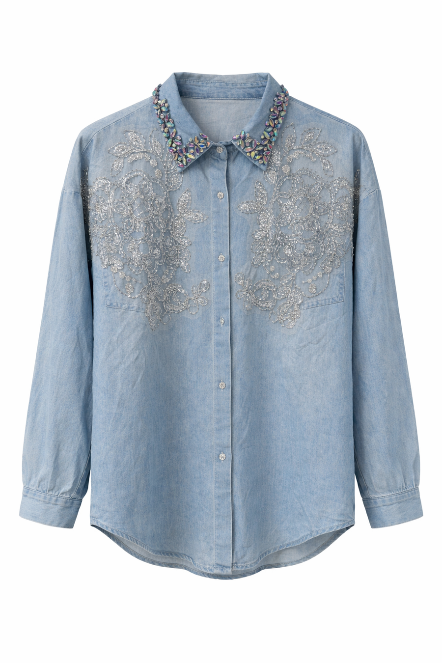Denim İşlemeli Kot Gömlek