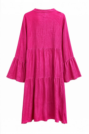 %100 Keten Rahat Kesim Uzun Elbise Pembe- RS26603