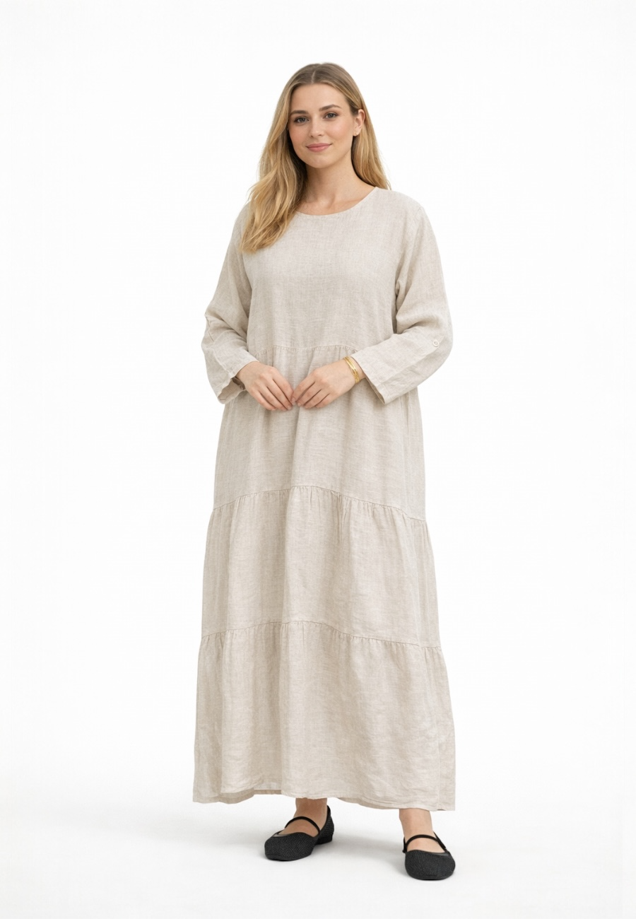 Katlı Uzun Keten Elbise- Krem