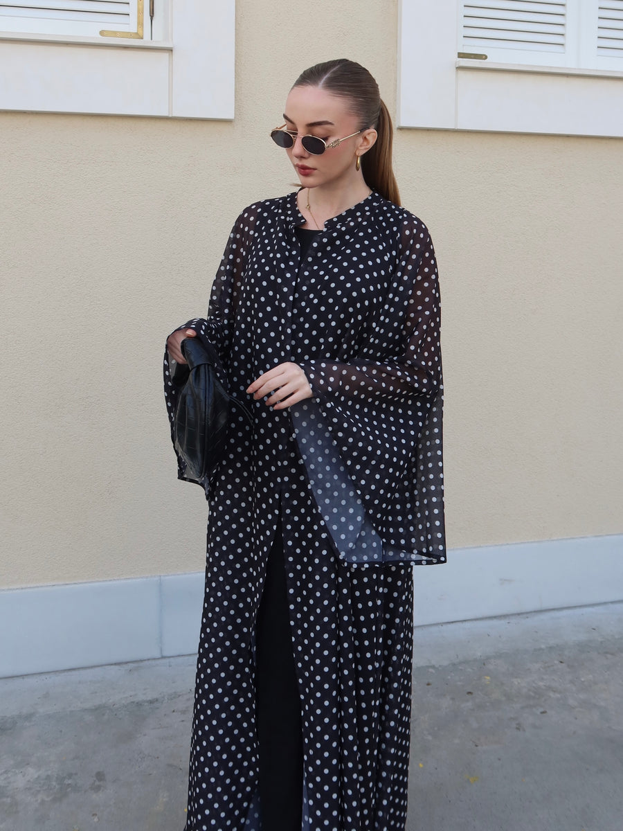 Bohem Paisley Uzun Kimono Siyah Puantiye