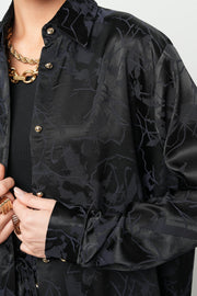 ORF-Siyah Çiçek Desenli Saten Oversize Gömlek