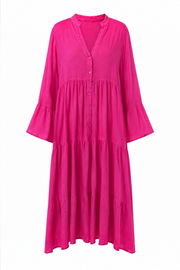 %100 Keten Rahat Kesim Uzun Elbise Pembe- RS26603
