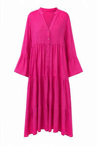 %100 Keten Rahat Kesim Uzun Elbise Pembe- RS26603