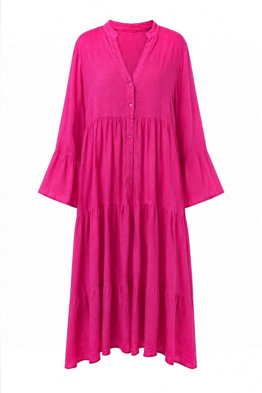 %100 Keten Rahat Kesim Uzun Elbise Pembe- RS26603