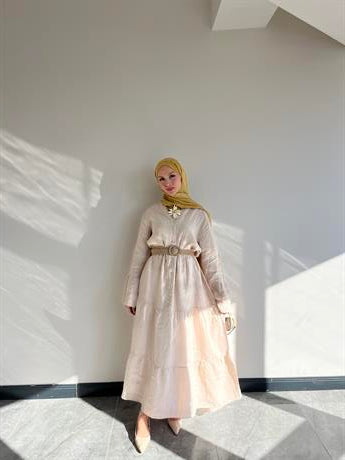 %100 Keten Rahat Kesim Uzun Elbise Krem