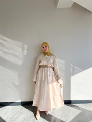 %100 Keten Rahat Kesim Uzun Elbise Krem