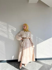 %100 Keten Rahat Kesim Uzun Elbise Krem