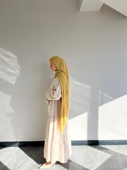 %100 Keten Rahat Kesim Uzun Elbise Krem