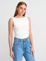 31589 Büzgülü Kayık Yaka Top-Ekru