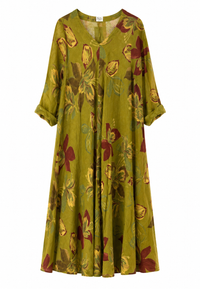 V Yaka Çiçek Desenli Ham Keten Elbise Yağ Yeşili
