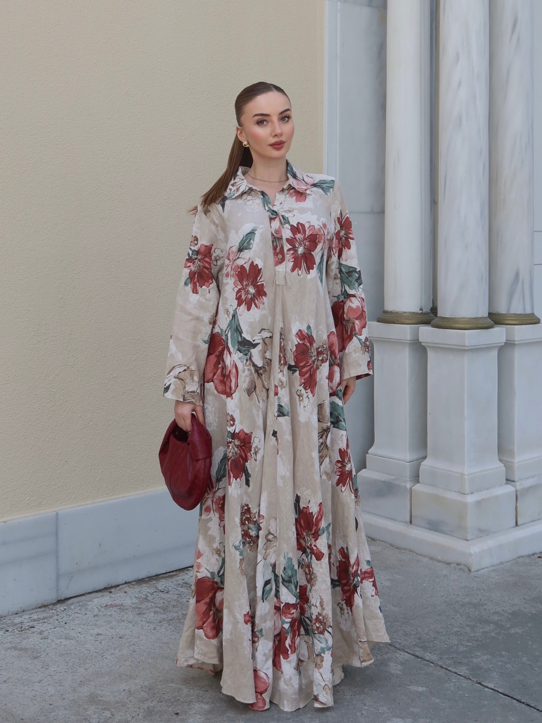 Flora Linen Krem Uzun Elbise