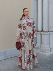 Flora Linen Krem Uzun Elbise