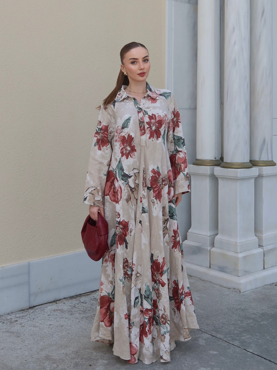 Flora Linen Krem Uzun Elbise