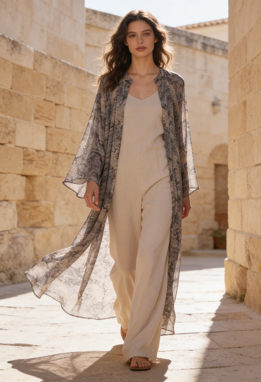 Bohem Paisley Uzun Kimono Hardal Füme
