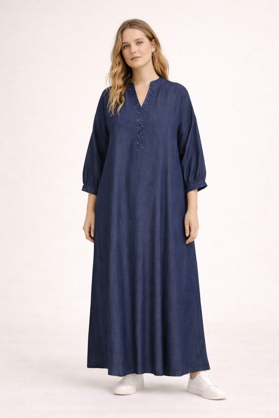 Lacivert Denim Dokulu Elbise-1602