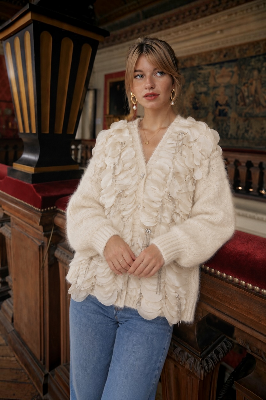Taş İşlemeli Angora Hırka | Krem