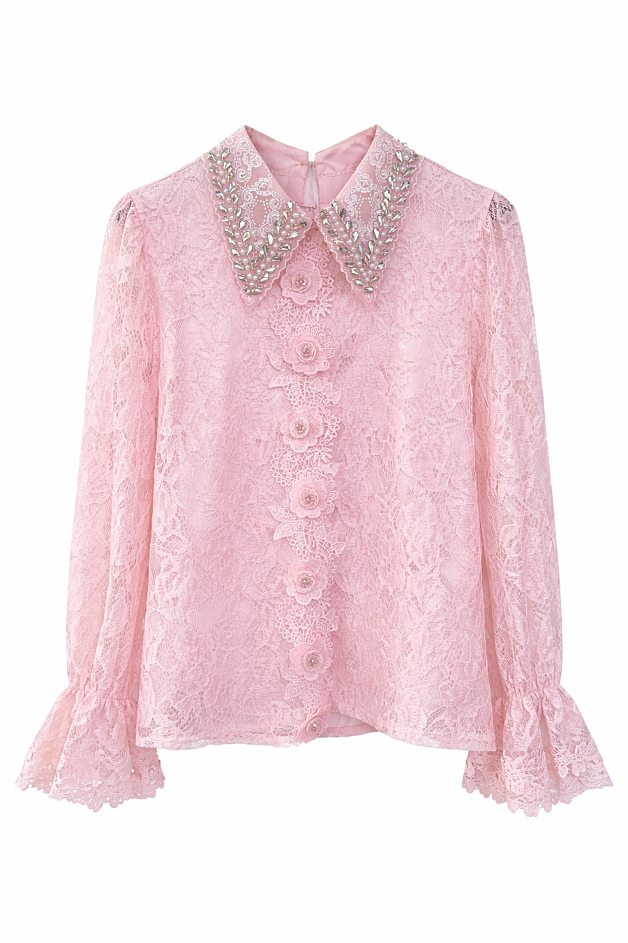 Zarif Güpür Detaylı Transparan Kollu Bluz-Pembe