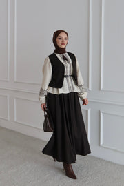 Çizgili Yelek Etekli Takım-Kahverengi