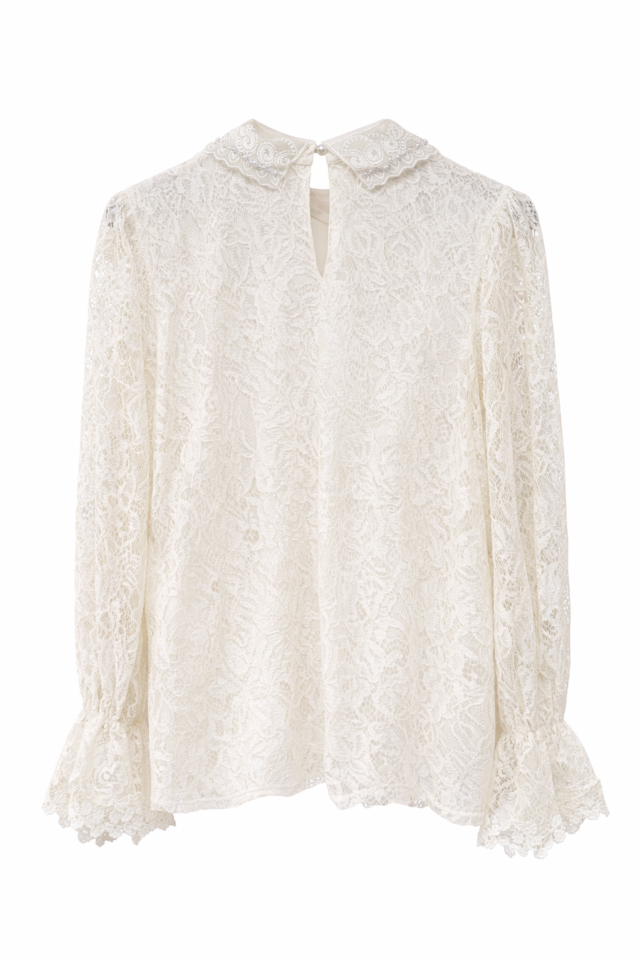 Zarif Güpür Detaylı Transparan Kollu Bluz-Krem