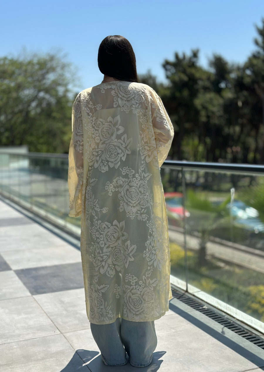 Whisper Dantel Çiçek Desenli Kuşaklı Kimono Sarı-RS0545