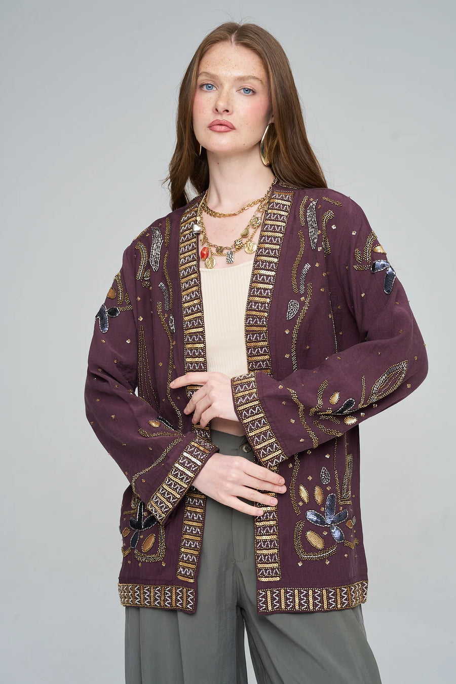 ORF-Özel Tasarım Boncuk ve Nakış Detaylı Kimono / Bordo