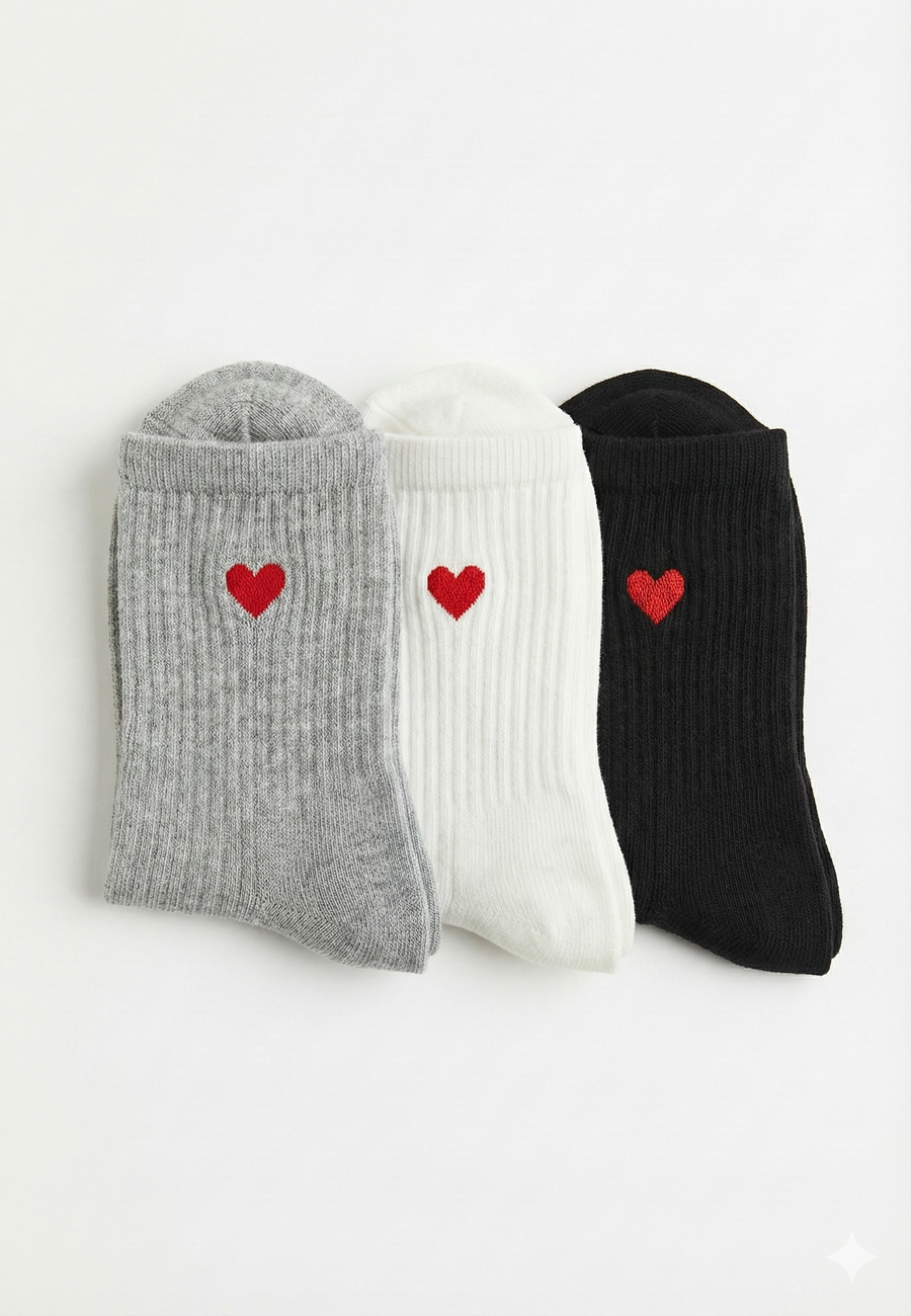 Minimal Kalp Desenli Çorap 3’lü Set