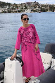 Çiçek Desenli Ham Keten Yırtmaçlı Elbise Pembe