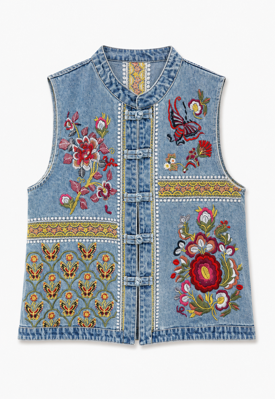 Nakış Detaylı Jean Yelek-RS2818