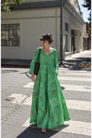 V Yaka Desenli Ham Keten Elbise Rs01636