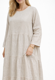 Katlı Uzun Keten Elbise- Krem