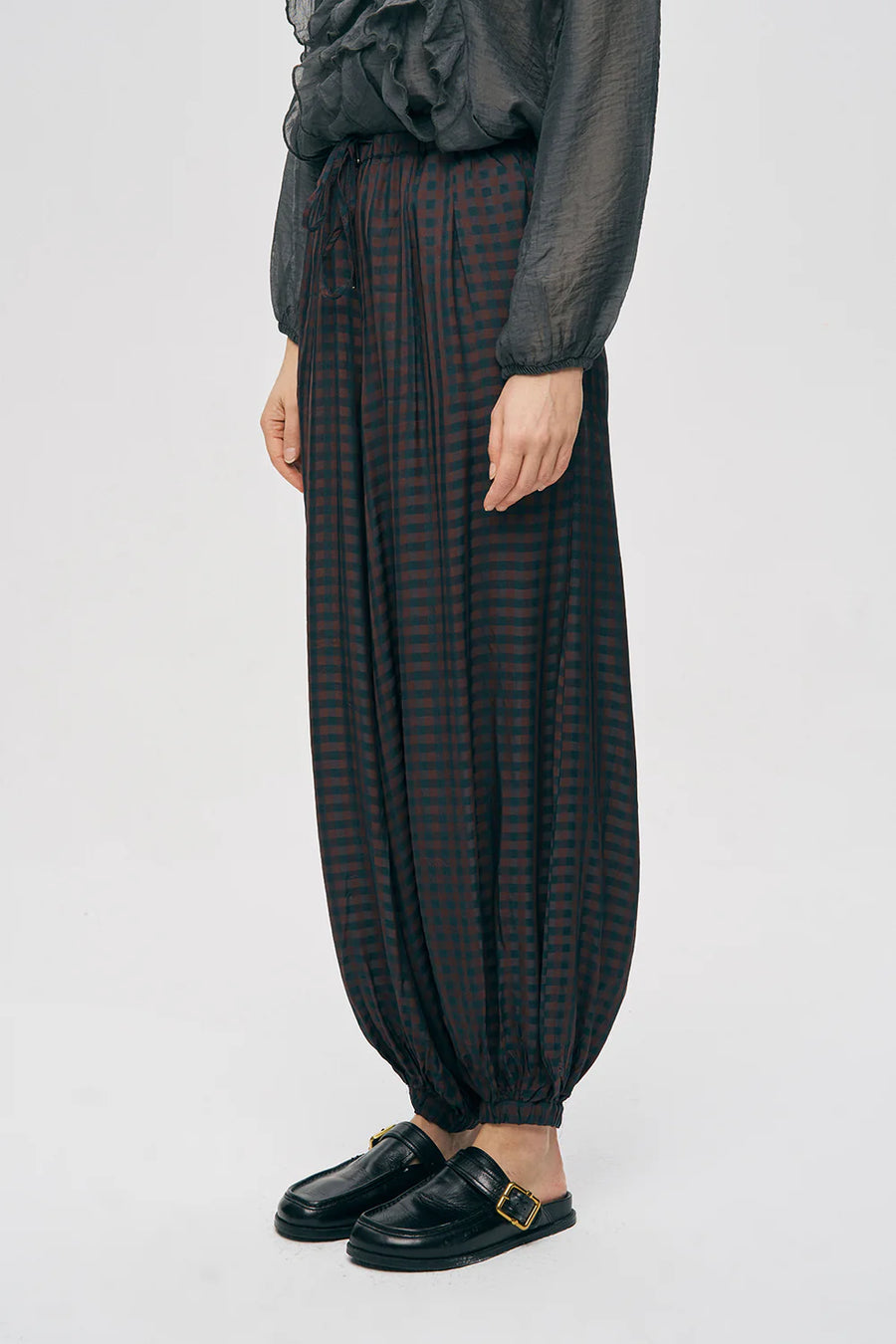 ORF-Beli ve Paçası Lastikli Ekose Desenli Şalvar Pantolon Bordo