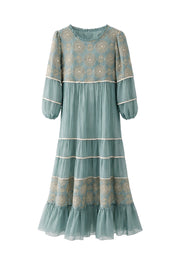 Dantel İnci İşlemeli Katlı Maksi Elbise-Mint
