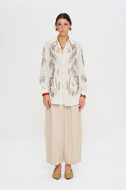 Oversize Nakışlı Keten Gömlek-RS34760