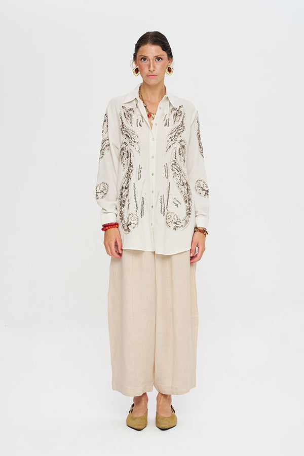 Oversize Nakışlı Keten Gömlek-RS34760