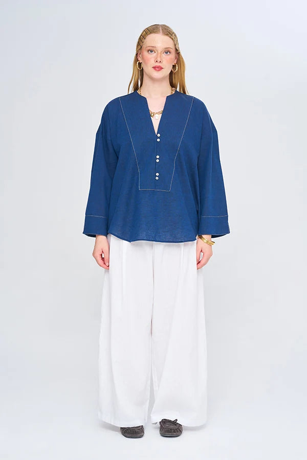 Keten Karışımlı V Yaka Bluz Laci-RS34982