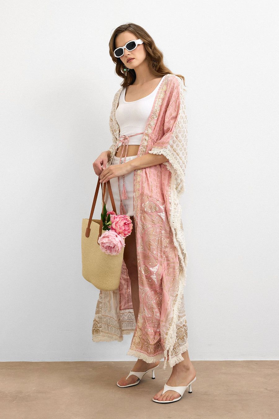 Etnik Desen Bağlamalı Kimono Pembe-IBN4248
