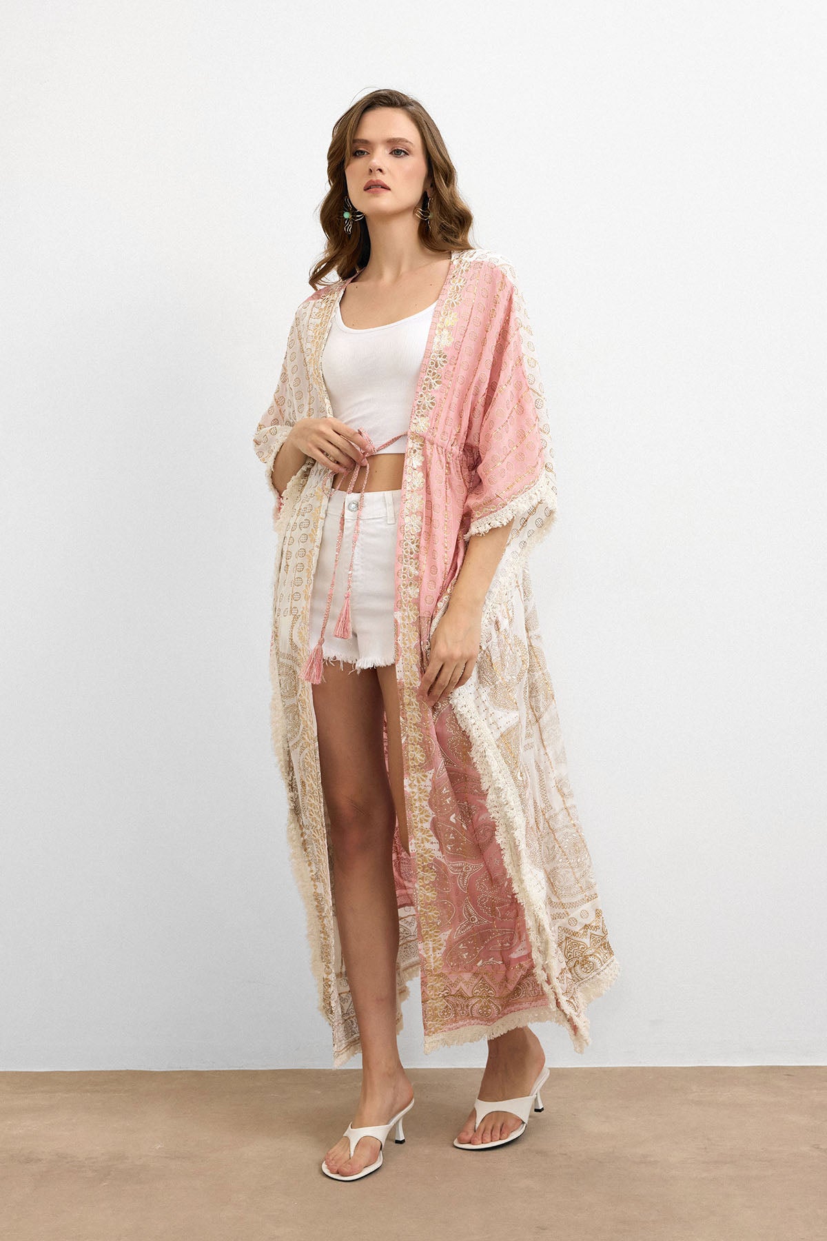 Etnik Desen Bağlamalı Kimono Pembe-IBN4248
