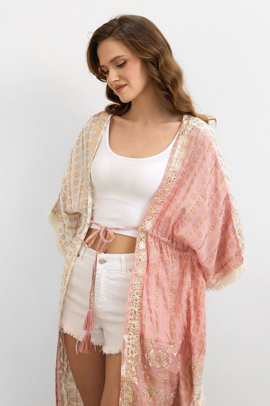 Etnik Desen Bağlamalı Kimono Pembe-IBN4248