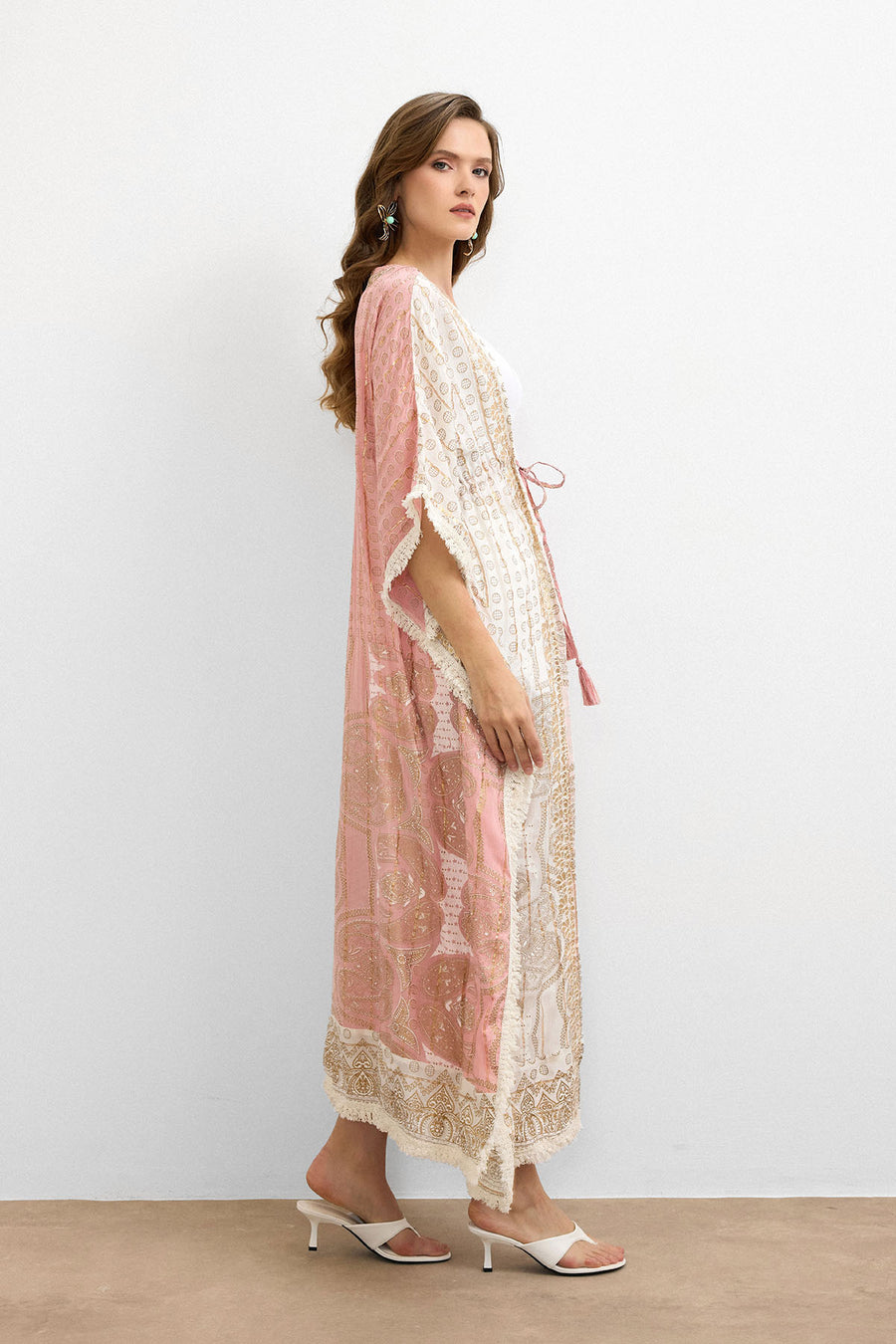 Etnik Desen Bağlamalı Kimono Pembe-IBN4248